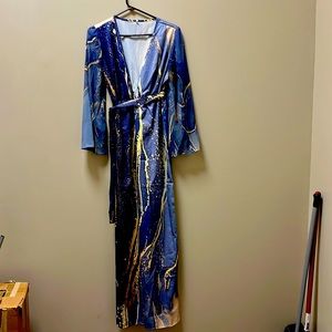 Dress blue long sleeve print sequins ruched spring summer V neck casual maxi.